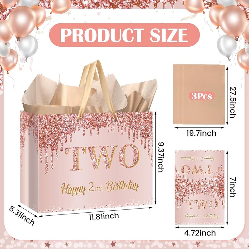 Yoirrat Rose Gold 2nd Birthday Gift Bag for Baby Girls - Large Pink Happy 2nd Birthday Gift Bag with Wrapping Paper and Card for Decorations and Party Supplies - Image 3